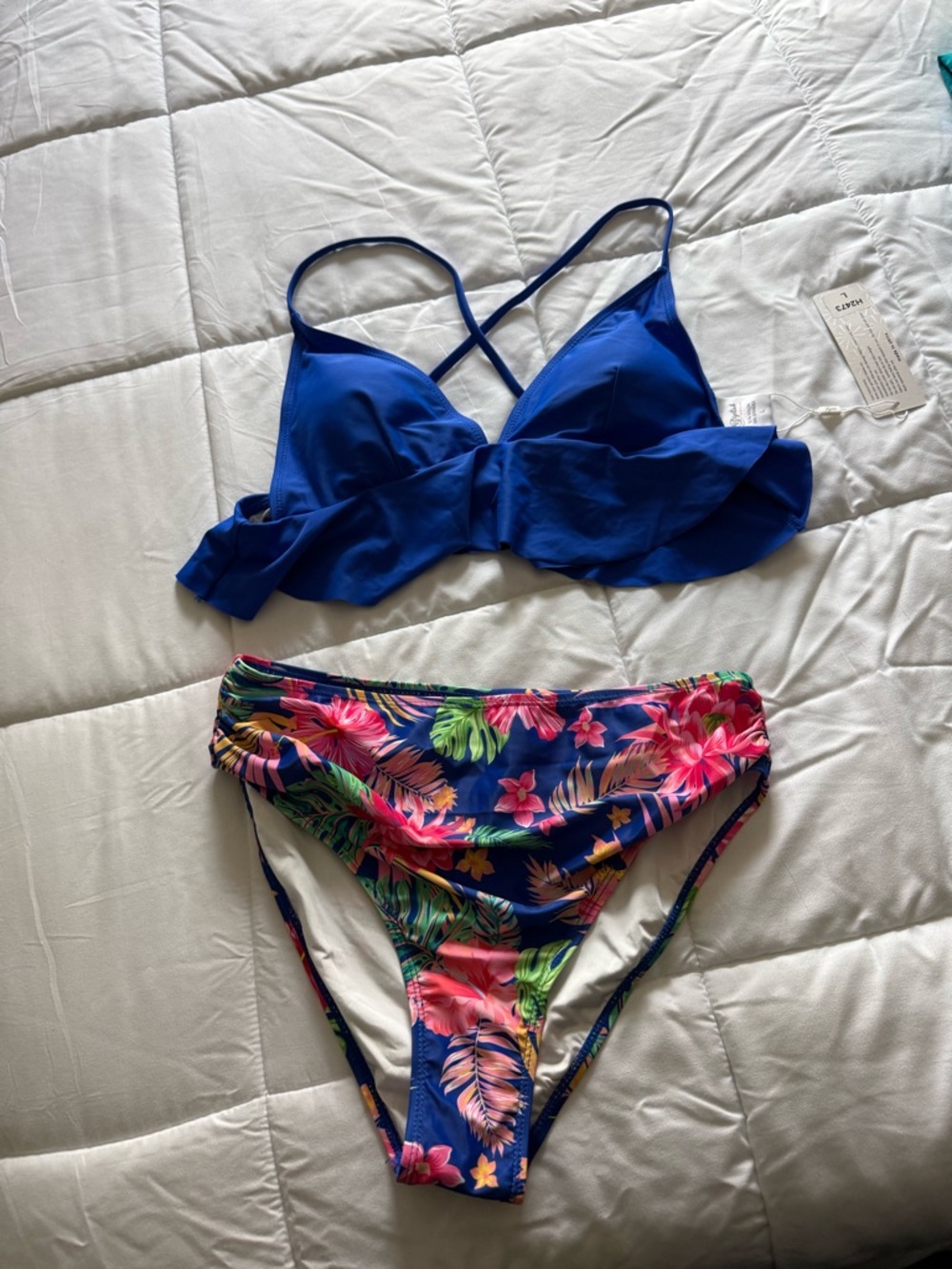 Royal Blue Bikini Top with Tropical Floral Bottom